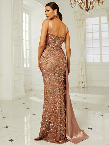 Missord Contrast Sequins Draped Side Split Thigh Cami Dress