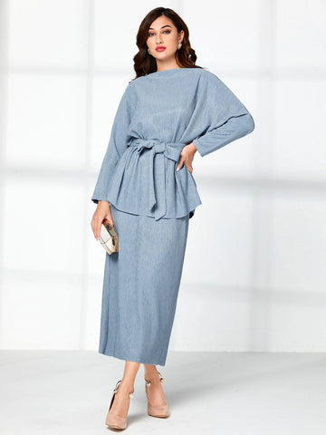 Batwing Sleeve Belted Top & Skirt Set