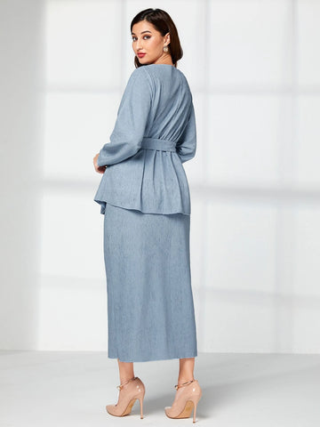 Batwing Sleeve Belted Top & Skirt Set