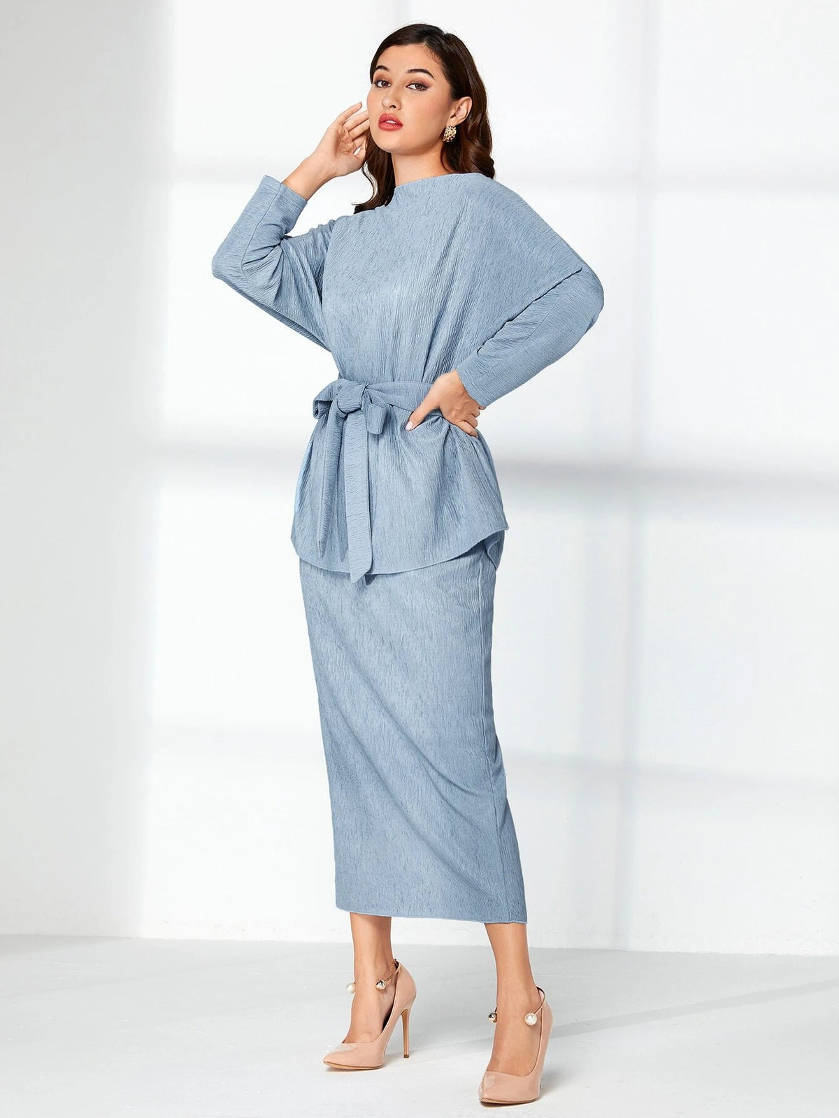 Batwing Sleeve Belted Top & Skirt Set