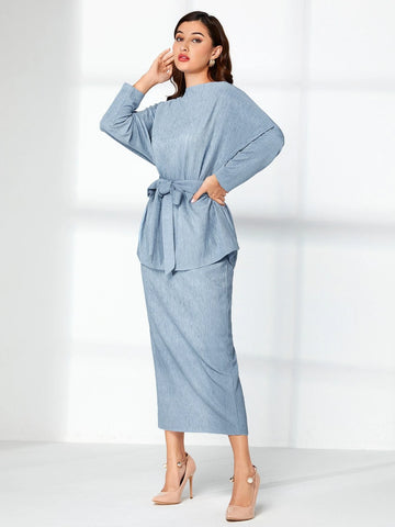 Batwing Sleeve Belted Top & Skirt Set
