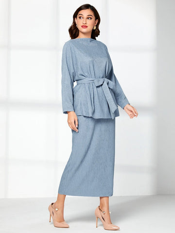 Batwing Sleeve Belted Top & Skirt Set