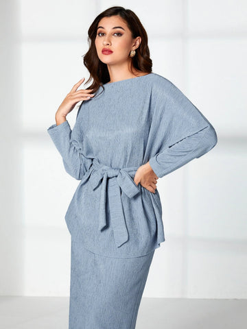Batwing Sleeve Belted Top & Skirt Set