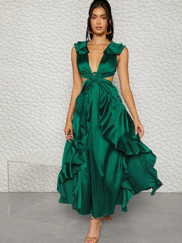 Plunging Buckle Detail Ruffle Trim Lace Up Backless Dress