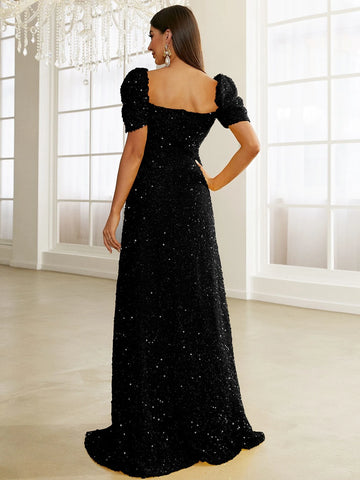 Missord Sweetheart Neck Puff Sleeve Sequin Formal Dress