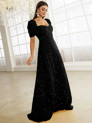 Missord Sweetheart Neck Puff Sleeve Sequin Formal Dress