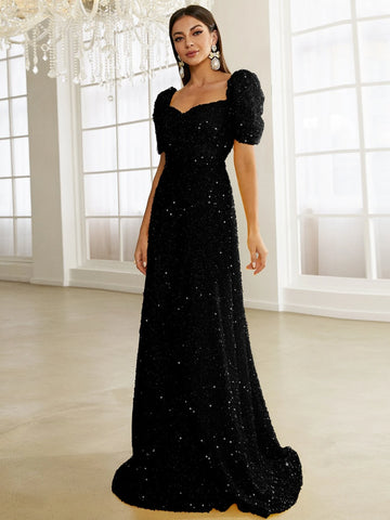 Missord Sweetheart Neck Puff Sleeve Sequin Formal Dress