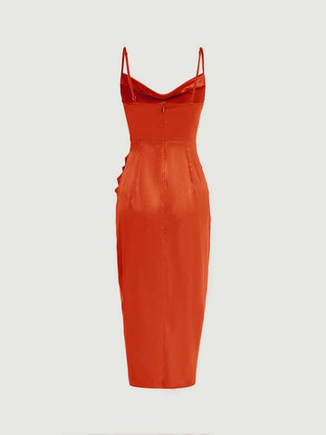 Solid Ruched Split Thigh Satin Cami Dress