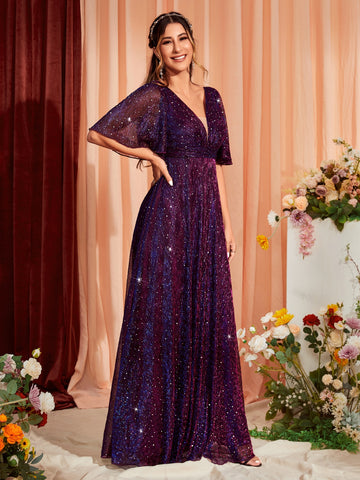 Butterfly Sleeve Glitter Maxi Bridesmaid Dress