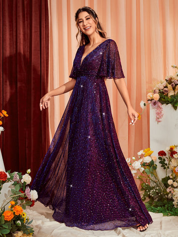 Butterfly Sleeve Glitter Maxi Bridesmaid Dress