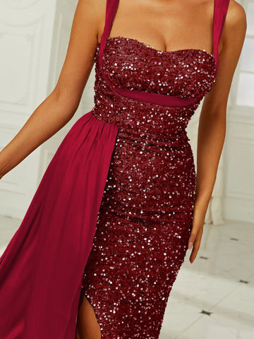 Missord Contrast Sequins Draped Side Split Thigh Cami Dress