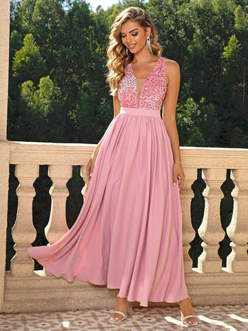 Joyfunear Contrast Sequin Mesh Insert Chiffon A-line Formal Dress