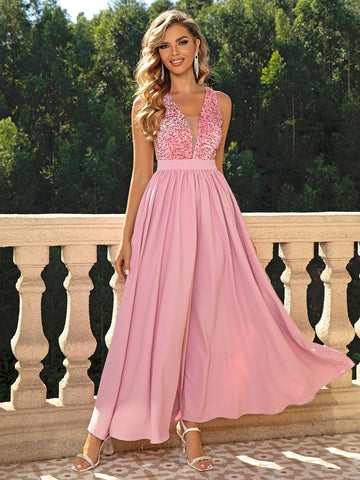 Joyfunear Contrast Sequin Mesh Insert Chiffon A-line Formal Dress