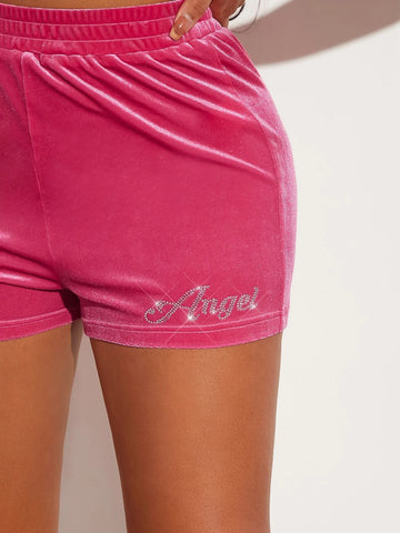 SXY Rhinestone Letter Graphic Velvet Shorts