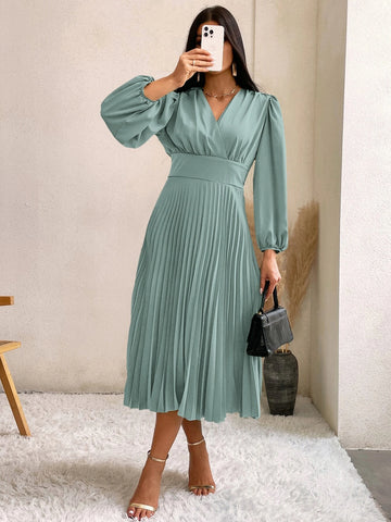 Surplice Neck Bishop Sleeve Pleated Hem Dress
