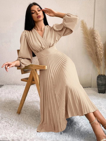 Surplice Neck Bishop Sleeve Pleated Hem Dress