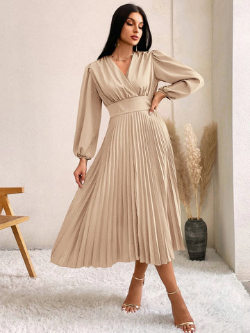 Surplice Neck Bishop Sleeve Pleated Hem Dress