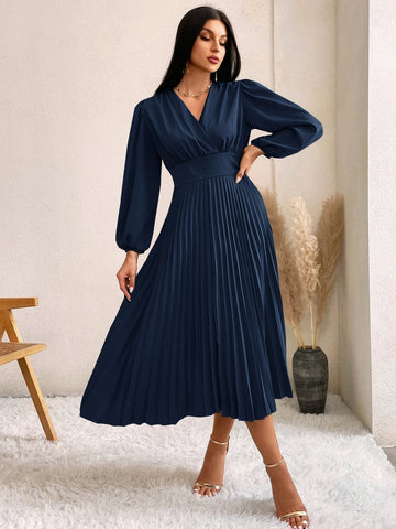Surplice Neck Bishop Sleeve Pleated Hem Dress