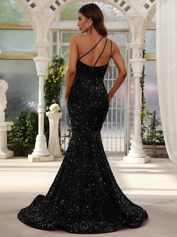 One Shoulder Mermaid Hem Sequin Formal Dress