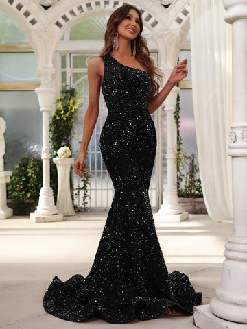 One Shoulder Mermaid Hem Sequin Formal Dress