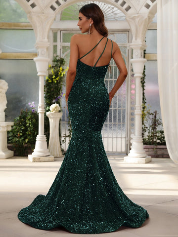 One Shoulder Mermaid Hem Sequin Formal Dress