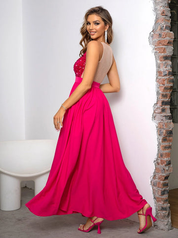 Joyfunear Contrast Sequin Mesh Insert Chiffon A-line Formal Dress