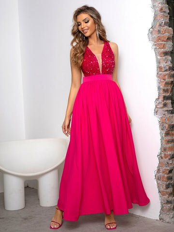 Joyfunear Contrast Sequin Mesh Insert Chiffon A-line Formal Dress