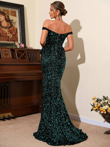 LOVE&LEMONADE Off Shoulder Ruffle Trim Split Thigh Sequin Prom Dress