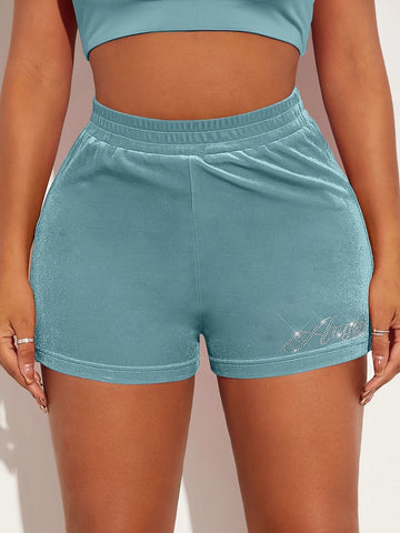 SXY Rhinestone Letter Graphic Velvet Shorts