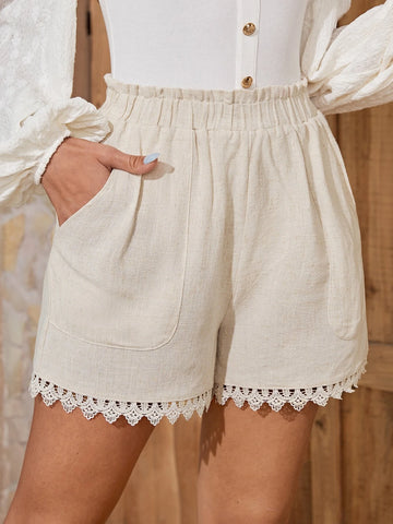EMERY ROSE Paperbag Waist Guipure Lace Trim Shorts
