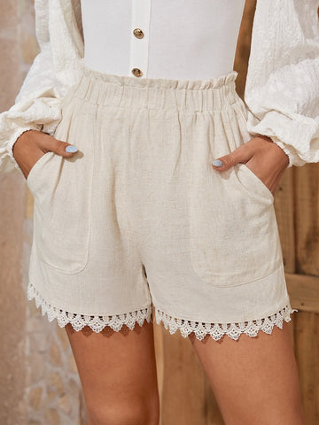EMERY ROSE Paperbag Waist Guipure Lace Trim Shorts