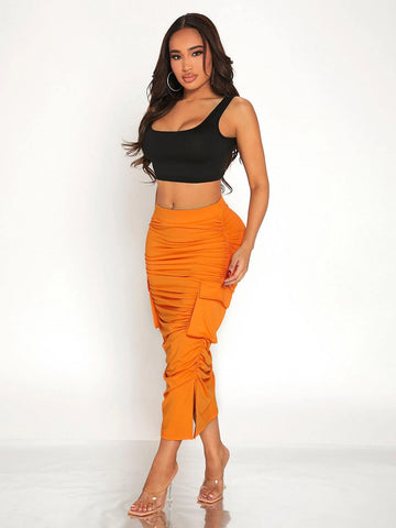 SXY Flap Pocket Ruched Split Hem Skirt