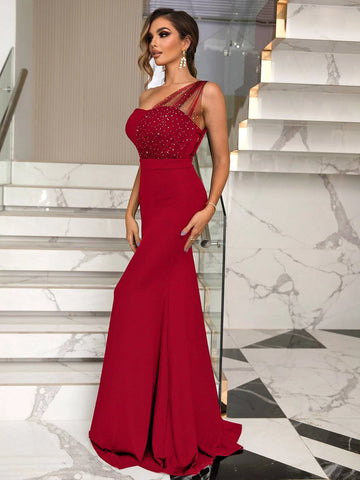 Joyfunear One Shoulder Contrast Mesh Rhinestone Formal Dress