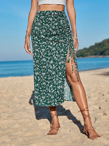 VCAY Ditsy Floral Drawstring Split Thigh Skirt