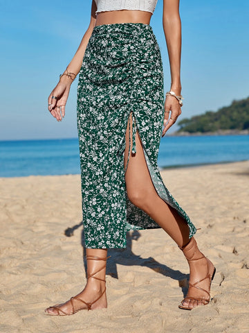 VCAY Ditsy Floral Drawstring Split Thigh Skirt