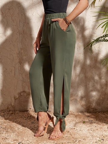 EMERY ROSE Slant Pocket Split Thigh Knot Hem Pants