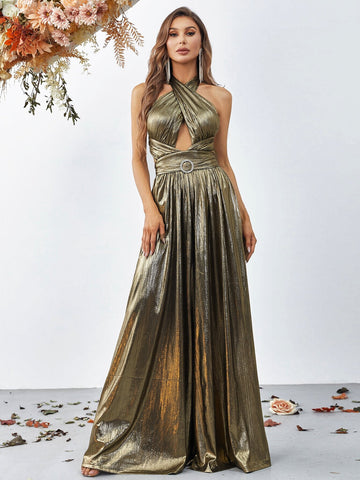 Cross Wrap Front Backless Metallic Halter Wide Leg Jumpsuit