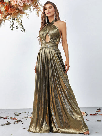 Cross Wrap Front Backless Metallic Halter Wide Leg Jumpsuit