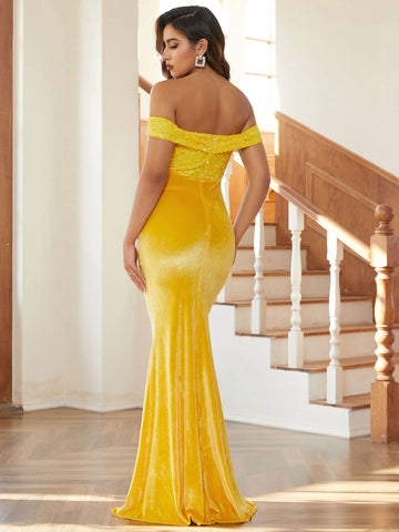 Missord Off Shoulder Ruched Mermaid Hem Sequin Formal Dress