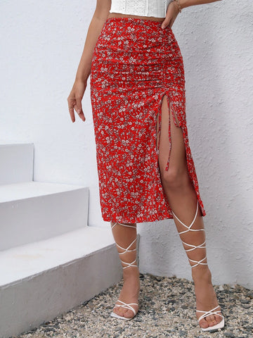 VCAY Ditsy Floral Drawstring Split Thigh Skirt