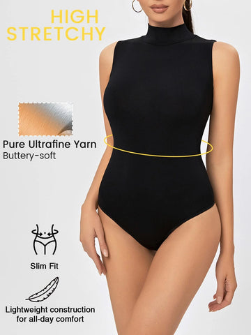 Turtle Neck Daily High Stretchy Sleeveless Slim Fit Thong Bodysuit