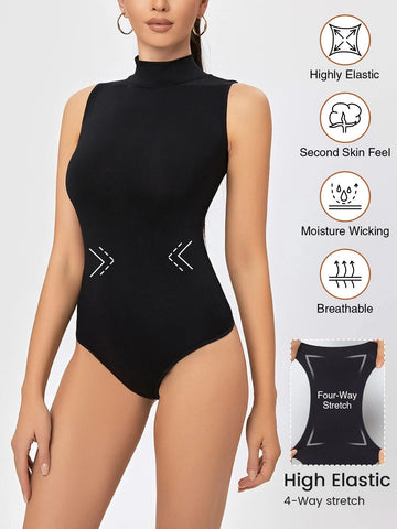 Turtle Neck Daily High Stretchy Sleeveless Slim Fit Thong Bodysuit