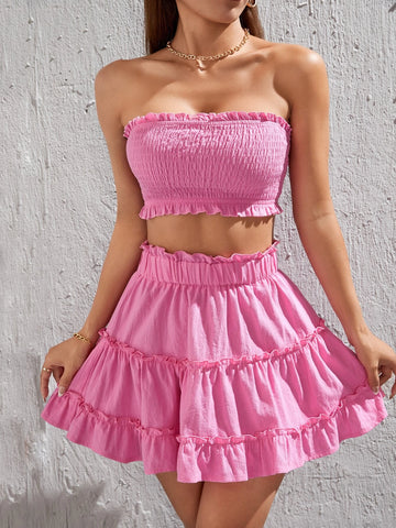 Frill Trim Tube Top & Ruffle Hem Skirt