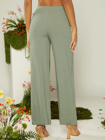 VCAY Drawstring Ruched Front Solid Pants