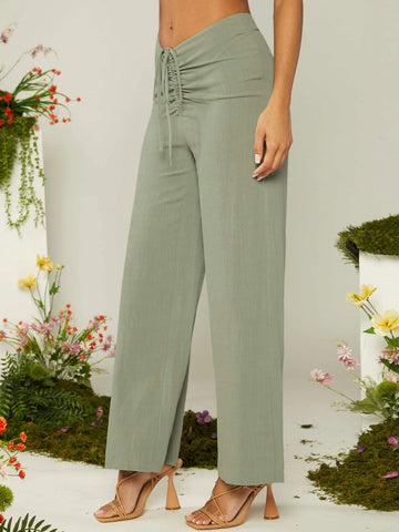 VCAY Drawstring Ruched Front Solid Pants