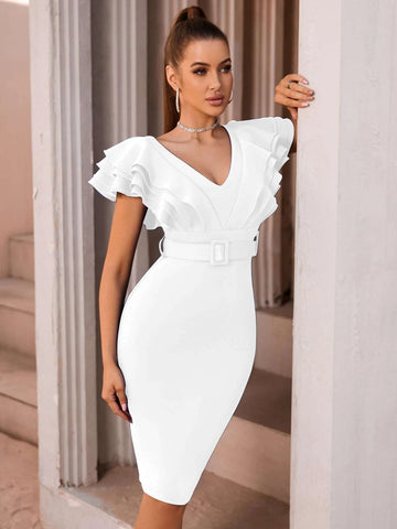 ADYCE Ruffle Trim Belted Bodycon Dress