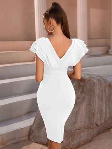 ADYCE Ruffle Trim Belted Bodycon Dress