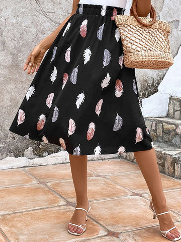 EMERY ROSE Feather Print Paperbag Waist Skirt