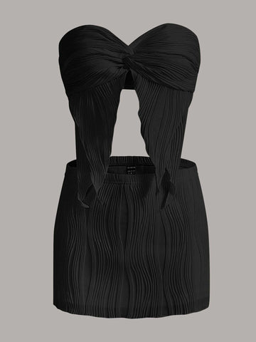 Twist Front Asymmetrical Hem Crop Tube Top & Bodycon Skirt