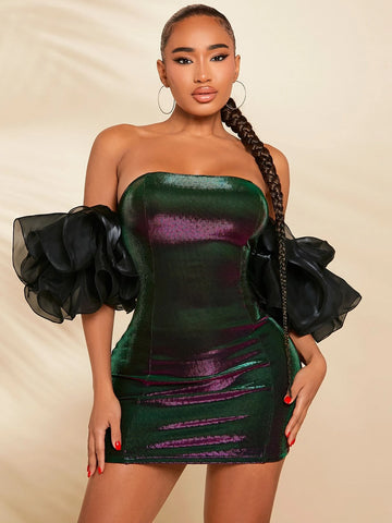 Off Shoulder Exaggerated Ruffle Trim Metallic Bodycon Dress